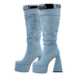 Load image into Gallery viewer, Denim Square Toe Chunky Heel Platform Boots
