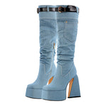 Load image into Gallery viewer, Denim Square Toe Chunky Heel Platform Boots
