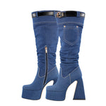 Load image into Gallery viewer, Denim Square Toe Chunky Heel Platform Boots
