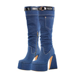 Load image into Gallery viewer, Denim Square Toe Chunky Heel Platform Boots
