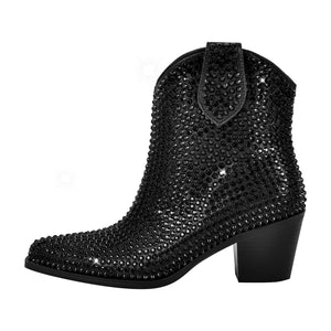 "Sissy Raven" Rhinestone Chunky Heel Ankle Boots