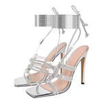 Load image into Gallery viewer, Rhinestone Square Toe Stiletto Ankle Strap Sandals
