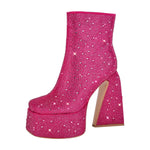 Load image into Gallery viewer, Rhinestone Square Toe Chunky Heel Platform Ankle Boots
