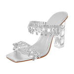 Load image into Gallery viewer, Silver Rhinestone Square Toe Clear Chunky Heel Sandals
