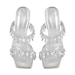 Load image into Gallery viewer, Silver Rhinestone Square Toe Clear Chunky Heel Sandals
