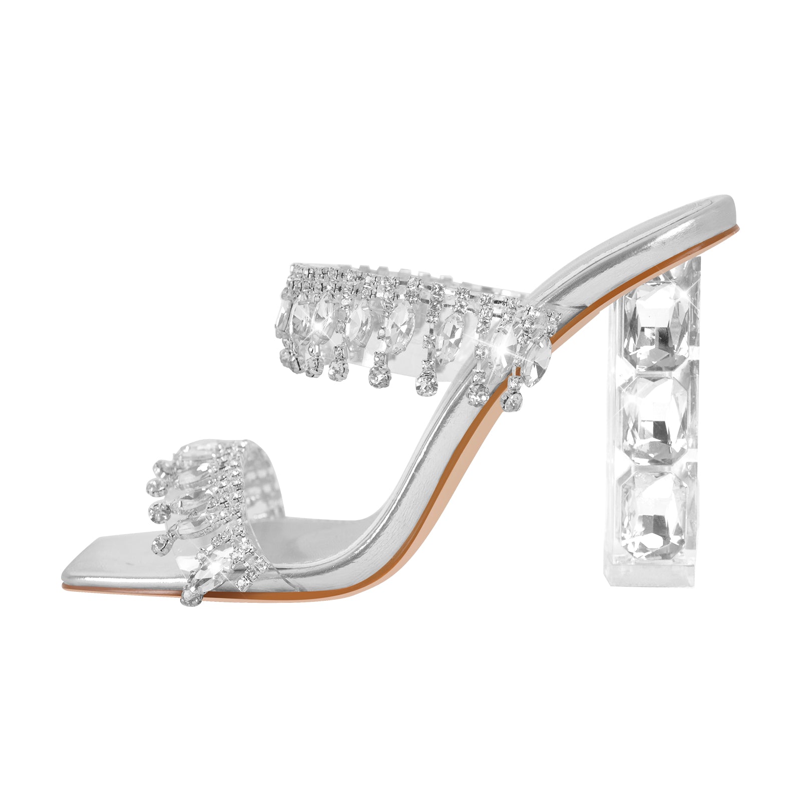 Silver Rhinestone Square Toe Clear Chunky Heel Sandals