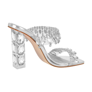 Silver Rhinestone Square Toe Clear Chunky Heel Sandals