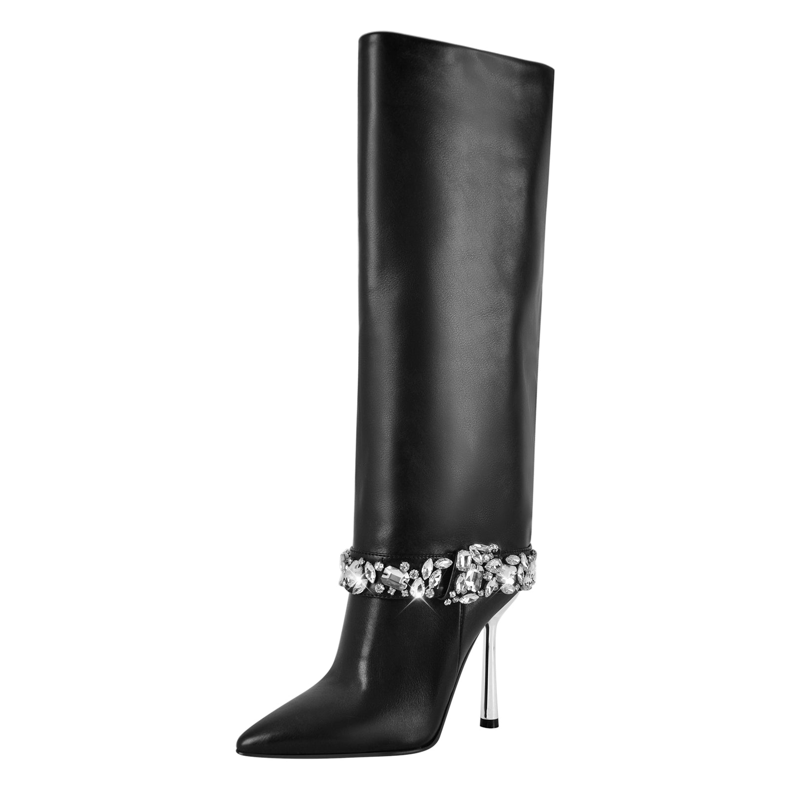 Rhinestone Strap High Metal Stiletto Thigh Boots