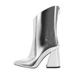 Load image into Gallery viewer, Silver Metallic Leather Chunky Heel Ankle Boots
