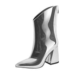 Load image into Gallery viewer, Silver Metallic Leather Chunky Heel Ankle Boots
