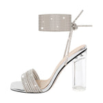 Load image into Gallery viewer, Strap Rhinestone Clear Chunky Heel Lace-up Sandals
