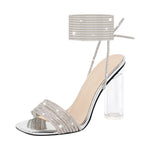 Load image into Gallery viewer, Strap Rhinestone Clear Chunky Heel Lace-up Sandals
