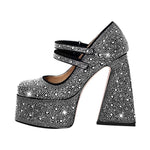 Load image into Gallery viewer, Platform Rhinestone Chunky Heel Mary Jane Pumps
