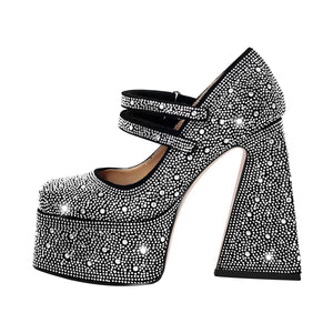 Platform Rhinestone Chunky Heel Mary Jane Pumps