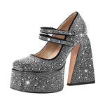 Load image into Gallery viewer, Platform Rhinestone Chunky Heel Mary Jane Pumps
