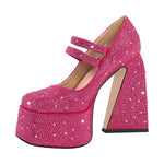 Load image into Gallery viewer, Platform Rhinestone Chunky Heel Mary Jane Pumps
