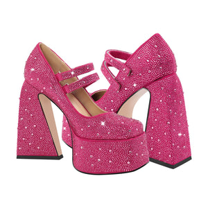 Platform Rhinestone Chunky Heel Mary Jane Pumps