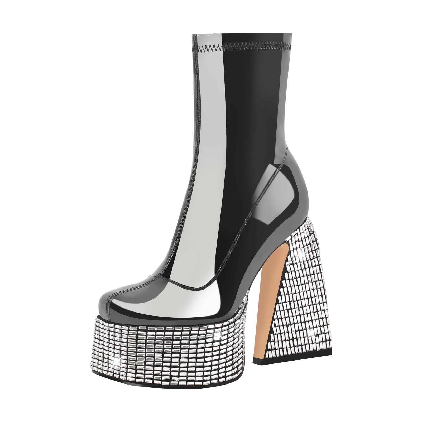 Rhinestone Square Toe Platform Chunky Heel Ankle Boots