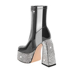 Load image into Gallery viewer, Rhinestone Square Toe Platform Chunky Heel Ankle Boots
