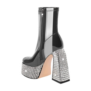 Rhinestone Square Toe Platform Chunky Heel Ankle Boots