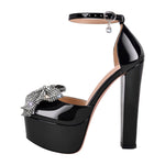 Load image into Gallery viewer, Rhinestone Bow Platform Chunky Heel Mary Jane Pumps
