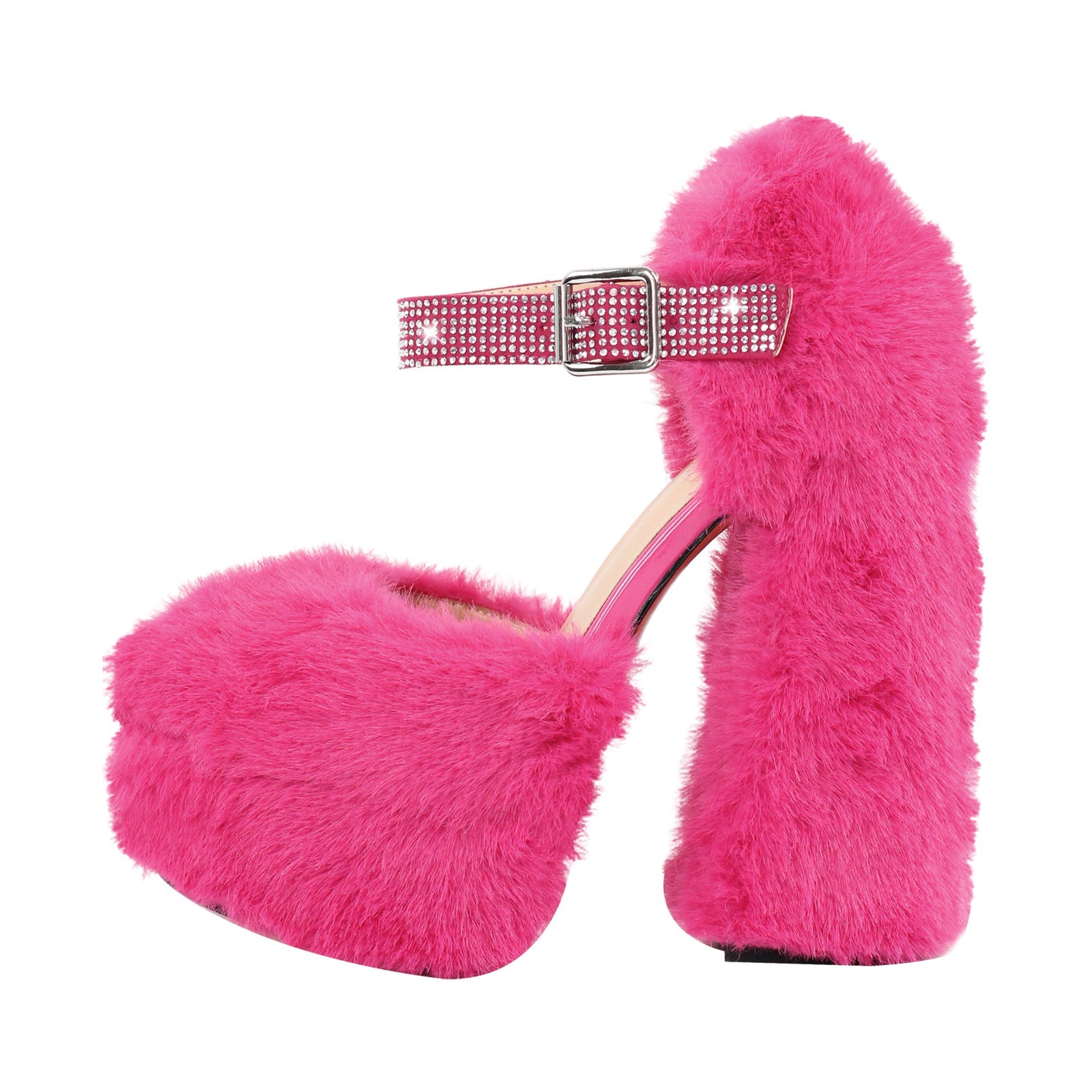 Chunky Heel Ankle Strap Fur Mary Jane Pumps