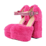 Load image into Gallery viewer, Chunky Heel Ankle Strap Fur Mary Jane Pumps
