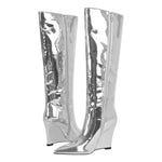 Load image into Gallery viewer, Pointed Toe Metallic Wedge Heel Knee High Boots
