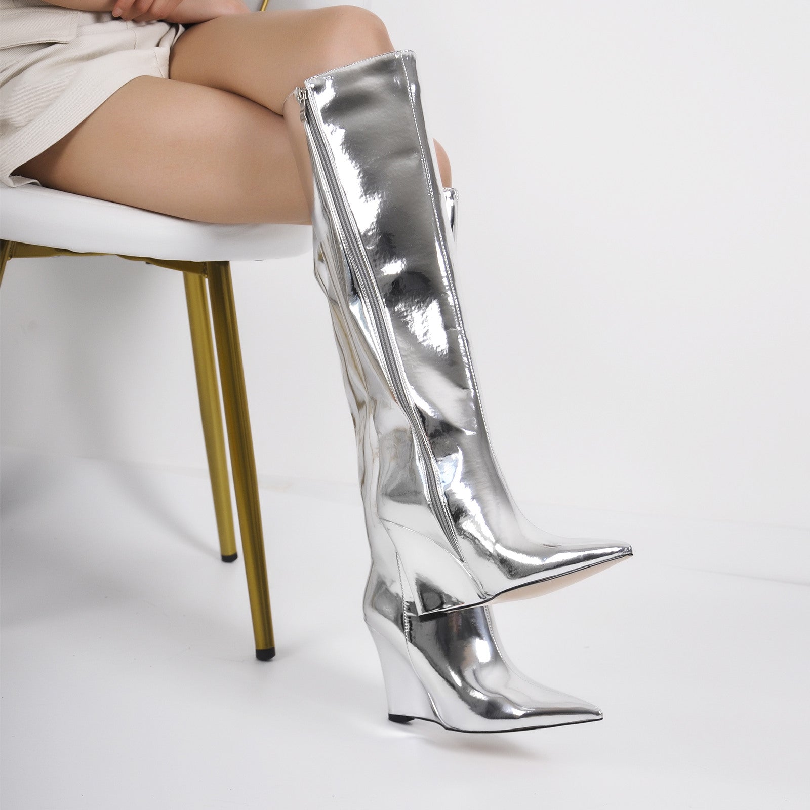 Pointed Toe Metallic Wedge Heel Knee High Boots