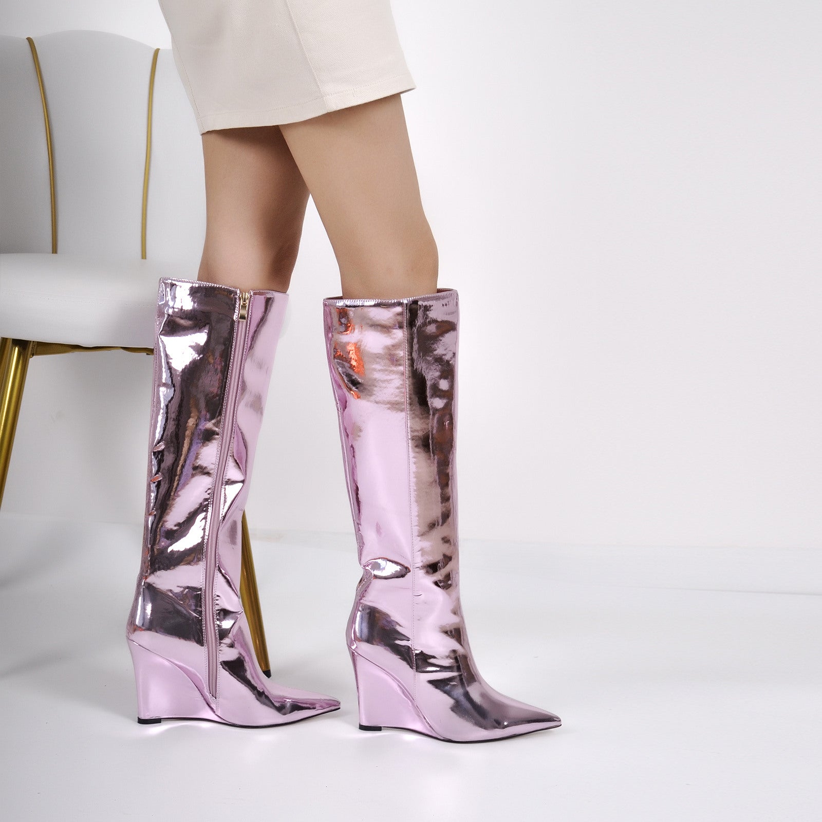 Pointed Toe Metallic Wedge Heel Knee High Boots