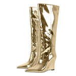 Load image into Gallery viewer, Pointed Toe Metallic Wedge Heel Knee High Boots
