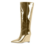 Load image into Gallery viewer, Pointed Toe Metallic Wedge Heel Knee High Boots
