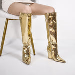 Load image into Gallery viewer, Pointed Toe Metallic Wedge Heel Knee High Boots
