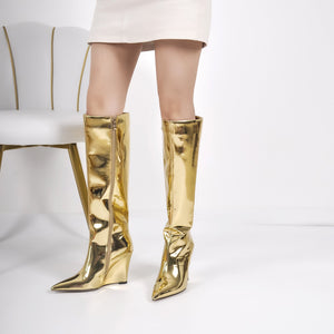 Pointed Toe Metallic Wedge Heel Knee High Boots