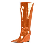 Load image into Gallery viewer, Pointed Toe Metallic Wedge Heel Knee High Boots
