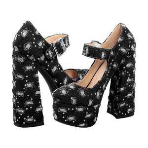 Denim Round Toe Platform Chunky Heels Pumps