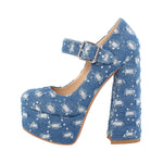 Load image into Gallery viewer, Denim Round Toe Platform Chunky Heels Pumps
