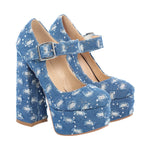 Load image into Gallery viewer, Denim Round Toe Platform Chunky Heels Pumps
