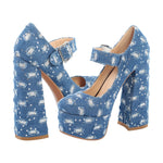 Load image into Gallery viewer, Denim Round Toe Platform Chunky Heels Pumps
