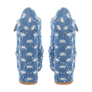 Denim Round Toe Platform Chunky Heels Pumps