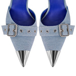 Load image into Gallery viewer, Pointed Metal Toe Stiletto Double Ankle Strap Denim Pumps
