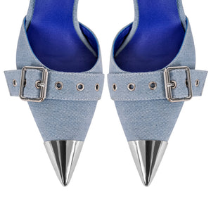 Pointed Metal Toe Stiletto Double Ankle Strap Denim Pumps