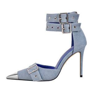 Pointed Metal Toe Stiletto Double Ankle Strap Denim Pumps