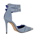 Load image into Gallery viewer, Pointed Metal Toe Stiletto Double Ankle Strap Denim Pumps
