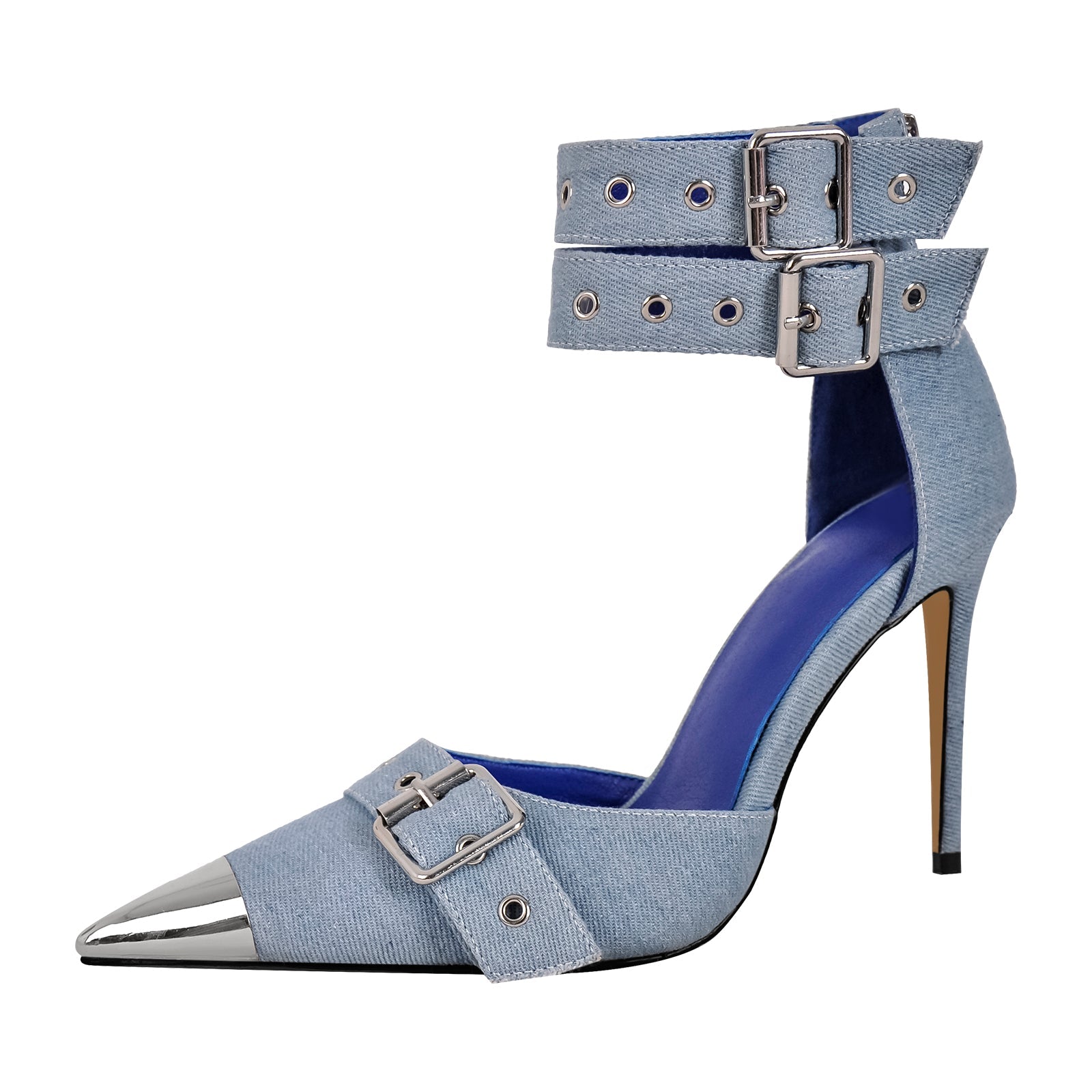 Pointed Metal Toe Stiletto Double Ankle Strap Denim Pumps