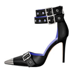 Load image into Gallery viewer, Pointed Metal Toe Stiletto Double Ankle Strap Denim Pumps
