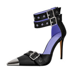 Load image into Gallery viewer, Pointed Metal Toe Stiletto Double Ankle Strap Denim Pumps
