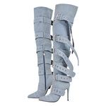 Load image into Gallery viewer, Multi Buckle Strap Thigh High Pointed Toe Stiletto Boots
