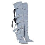 Load image into Gallery viewer, Multi Buckle Strap Thigh High Pointed Toe Stiletto Boots
