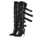 Load image into Gallery viewer, Multi Buckle Strap Thigh High Pointed Toe Stiletto Boots
